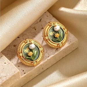 Gold Plated Freshwater Pearl Flower Stud Earrings